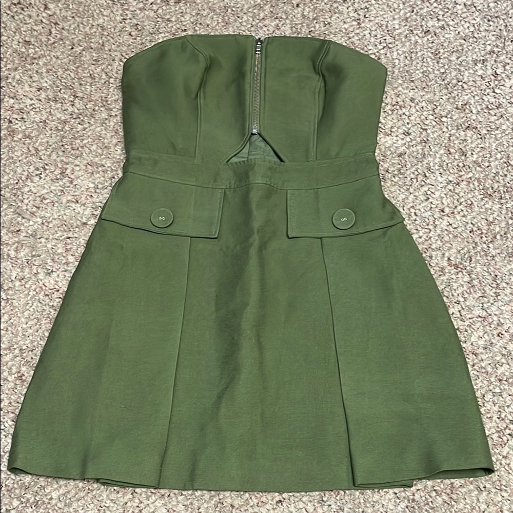 C/Meo Green peek a boo waist Strapless Dress with zip bust